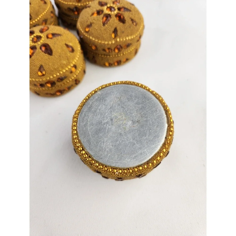Vtg Round Hand Beaded Trinket Boxes‎ Yellow Gold Beads Jeweled Wedding Set of 5